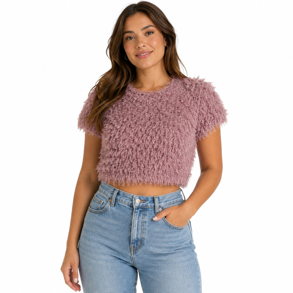 Zara Lavender Short Sleeve Cropped Textured Shaggy Fringe Fuzzy Feather Top XS
